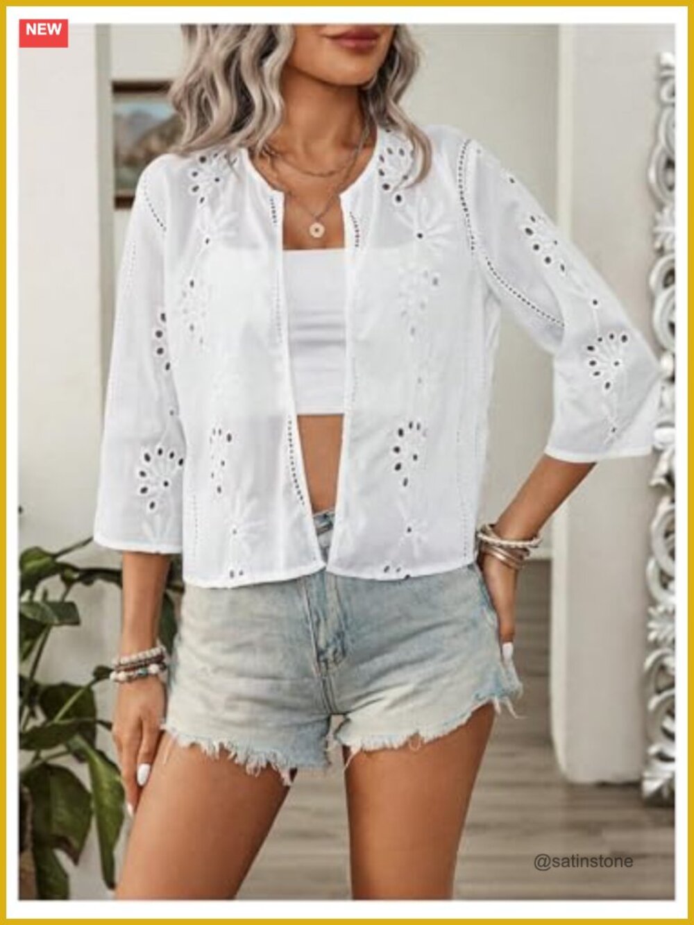 Eyelet Embroidery Open Front Lightweight Cardigan 3/4 Sleeve - Picture 3 of 5